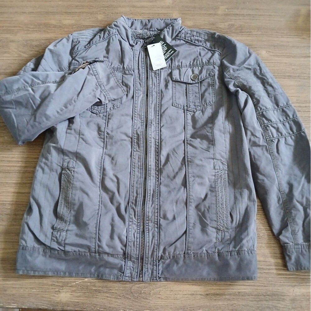 BKE Buckle Mens Moto Jacket Gray Pockets Mock Neck Slim Fit Faux Fur Lined M NWT